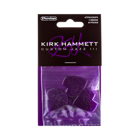 Pack of purple Kirk Hammett Custom Jazz III guitar picks with Dunlop branding on a white background