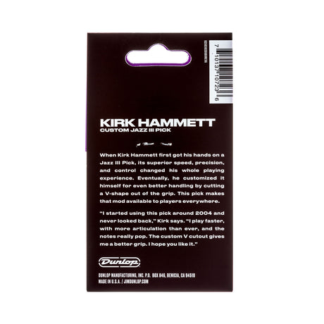 Kirk Hammett Custom Jazz III Pick packaging with text and Dunlop logo on a white background