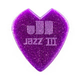 Purple glittery heart-shaped guitar pick with 'Jazz III' branding on a white background