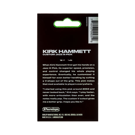 Kirk Hammett Custom Jazz III Pick packaging with text and Dunlop branding.