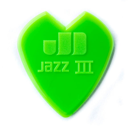 Green heart-shaped guitar pick with 'Jazz III' branding on a white background