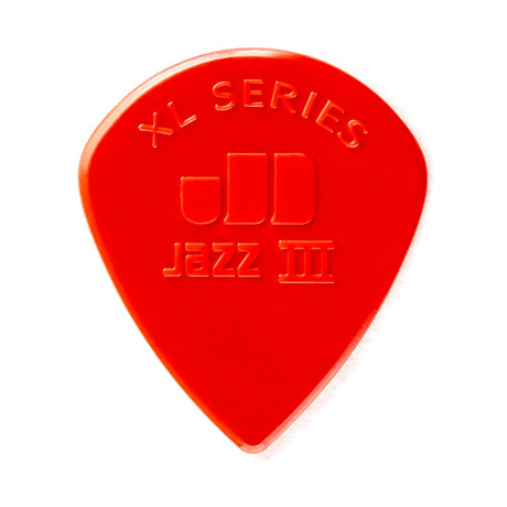Red guitar pick with 'XL Jazz III' branding on a white background
