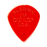 Red guitar pick with 'Jim Dunlop U.S.A.' branding on a white background