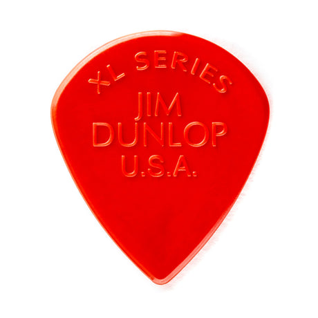 Red guitar pick with 'Jim Dunlop U.S.A.' branding on a white background