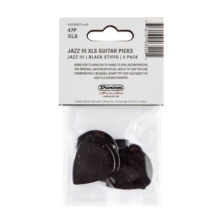 Pack of Dunlop Jazz III XL guitar picks with clear plastic window on white background