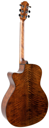 The image shows a high-quality acoustic guitar photographed from the back/side angle. It features a flamed maple back and sides with a rich amber finish and a polished neck. The headstock has six chrome tuners with black knobs in a 3+3 layout. The guitar has a cutaway design, medium-sized body, and clean binding, highlighting fine craftsmanship and premium materials.