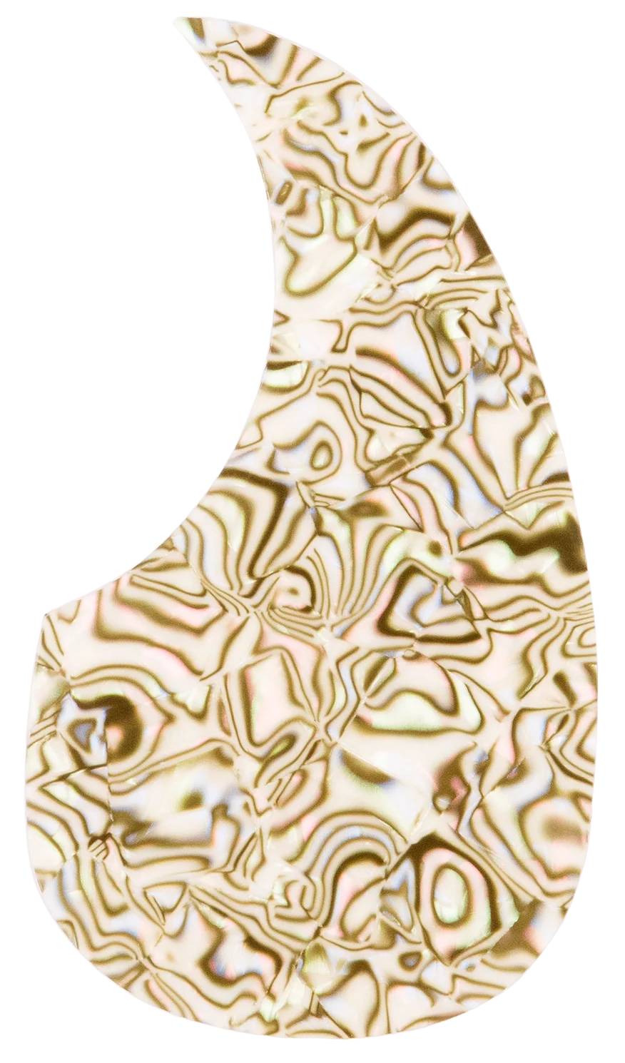 The image shows a teardrop-shaped acoustic guitar pickguard with an iridescent abalone or mother-of-pearl pattern in cream, gold, and pearl tones. This decorative pickguard, made from or mimicking abalone shell, features unique swirling designs that add elegance while protecting the guitar body near the sound hole from pick scratches during playing.