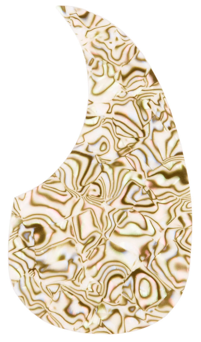 The image shows a teardrop-shaped acoustic guitar pickguard with an iridescent abalone or mother-of-pearl pattern in cream, gold, and pearl tones. This decorative pickguard, made from or mimicking abalone shell, features unique swirling designs that add elegance while protecting the guitar body near the sound hole from pick scratches during playing.