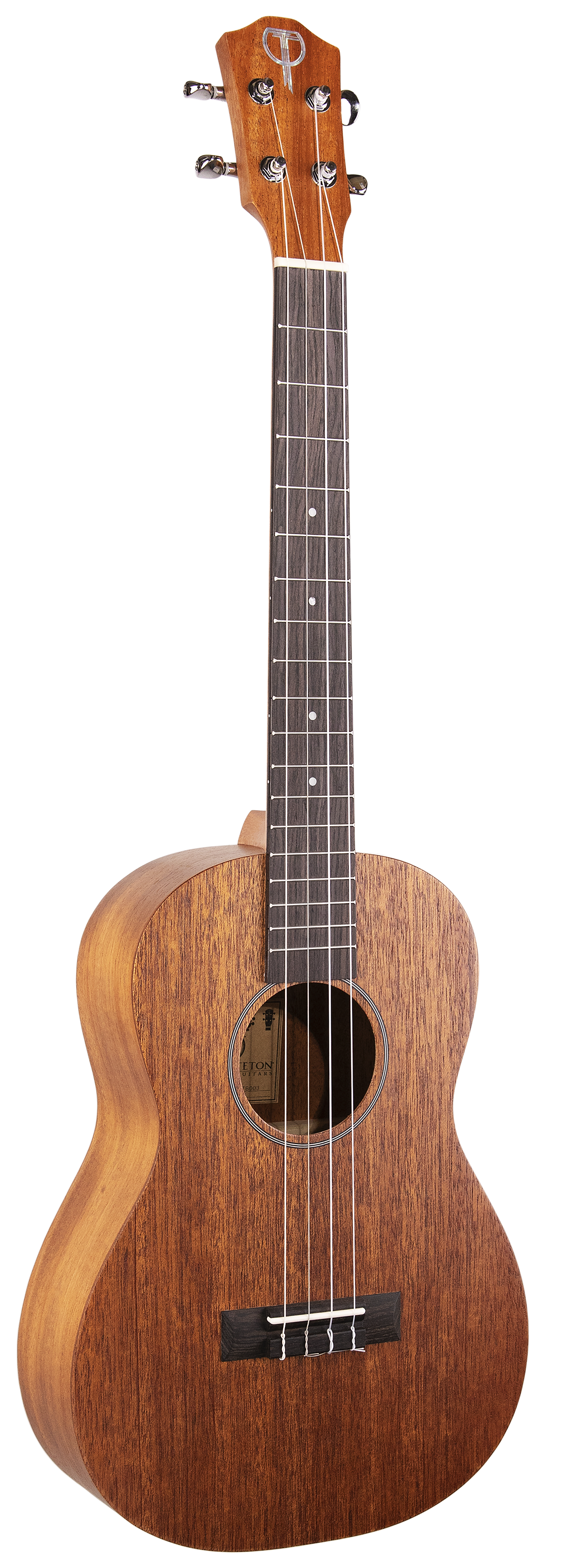 The image shows a ukulele, a small wooden stringed instrument with a dark fretboard and four strings, resembling a miniature guitar. It is commonly used in various music genres, especially Hawaiian music.