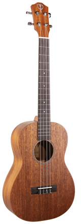The image shows a ukulele, a small wooden stringed instrument with a dark fretboard and four strings, resembling a miniature guitar. It is commonly used in various music genres, especially Hawaiian music.