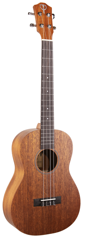 The image shows the front of a Teton TB003 Baritone Ukulele. It has a dark layered Mahogany top, back and sides with a Techwood fretboard. The headstock has the Teton logo. 