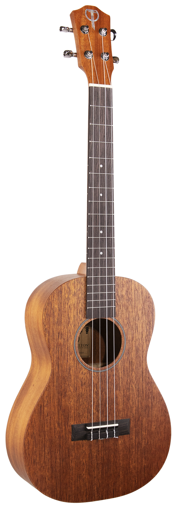 The image shows a ukulele, a small wooden stringed instrument with a dark fretboard and four strings, resembling a miniature guitar. It is commonly used in various music genres, especially Hawaiian music.