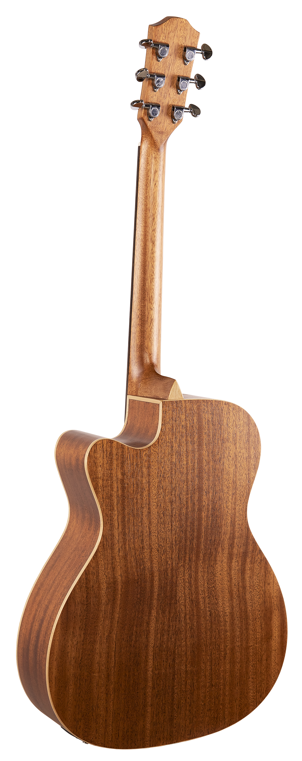 The image shows the back of an acoustic guitar with a rich brown wood grain, likely mahogany. It features a headstock with six chrome tuning pegs, a slender wooden neck, and a classic curved body with a cutaway design. Light-colored binding outlines the edges, and the glossy finish highlights the wood's natural beauty. This quality folk/steel-string guitar displays fine craftsmanship and professional detailing.