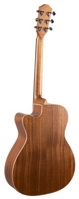 The image shows the back of an acoustic guitar with a rich brown wood grain, likely mahogany. It features a headstock with six chrome tuning pegs, a slender wooden neck, and a classic curved body with a cutaway design. Light-colored binding outlines the edges, and the glossy finish highlights the wood's natural beauty. This quality folk/steel-string guitar displays fine craftsmanship and professional detailing.