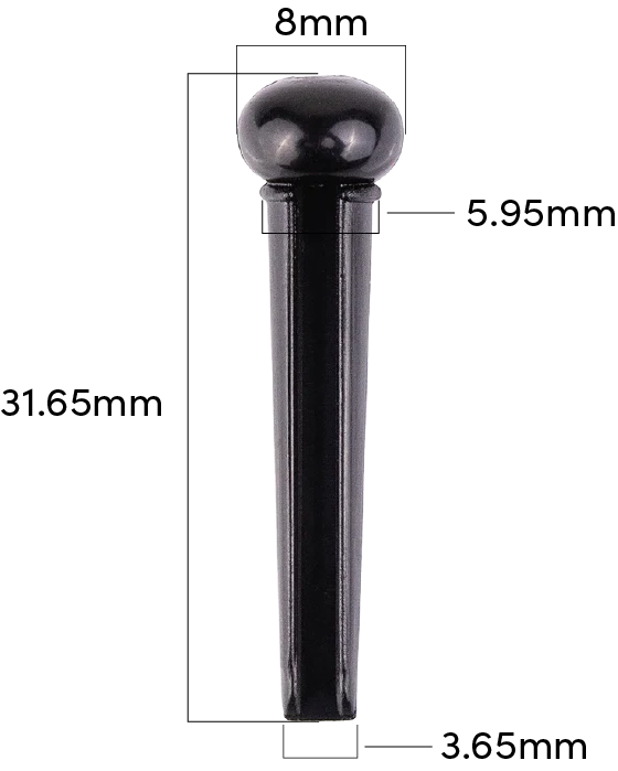 The image shows a black bridge pin, a small acoustic guitar accessory that secures the ball end of a string in the bridge. It measures 31.65mm in length, with an 8mm head diameter and a shaft tapering from 5.95mm to 3.65mm. Made of plastic, ebony, or similar material, its tapered shape fits tightly in the bridge while the rounded head allows easy removal during string changes.