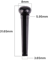The image shows a black bridge pin, a small acoustic guitar accessory that secures the ball end of a string in the bridge. It measures 31.65mm in length, with an 8mm head diameter and a shaft tapering from 5.95mm to 3.65mm. Made of plastic, ebony, or similar material, its tapered shape fits tightly in the bridge while the rounded head allows easy removal during string changes.