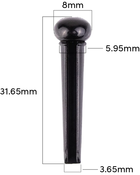 The image shows a black bridge pin, a small acoustic guitar accessory that secures the ball end of a string in the bridge. It measures 31.65mm in length, with an 8mm head diameter and a shaft tapering from 5.95mm to 3.65mm. Made of plastic, ebony, or similar material, its tapered shape fits tightly in the bridge while the rounded head allows easy removal during string changes.