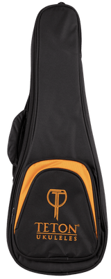 The image shows a black ukulele gig bag with orange accents and the "TETON UKULELES" logo in orange on the front pocket. Made from durable nylon, it has padding for protection, a full-length side zipper, and a front accessory pocket. The orange trim contrasts with the black design. This lightweight, portable soft case is designed to safely carry and protect ukuleles.
