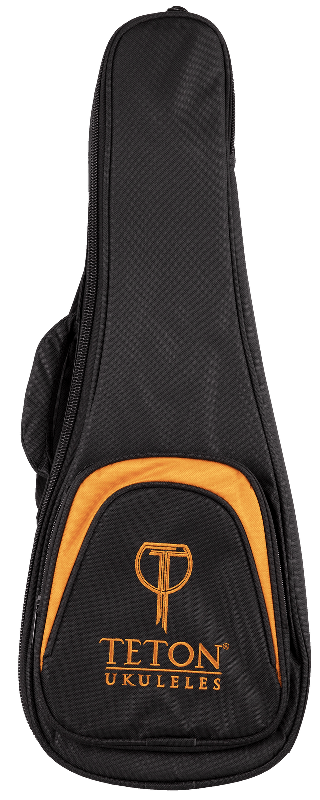 The image shows a black ukulele gig bag with orange accents and the "TETON UKULELES" logo in orange on the front pocket. Made from durable nylon, it has padding for protection, a full-length side zipper, and a front accessory pocket. The orange trim contrasts with the black design. This lightweight, portable soft case is designed to safely carry and protect ukuleles.