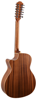 The image shows the back of a 12-string acoustic guitar, identified by its twelve tuning pegs on the headstock. It features a wooden body and neck with a natural wood finish. The guitar's design indicates it is a quality instrument, suitable for various music genres. No music sheets or accessories are visible in the image.