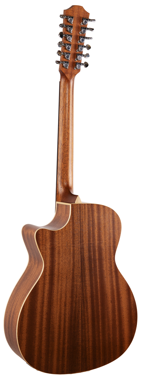 The image shows the back of a 12-string acoustic guitar, identified by its twelve tuning pegs on the headstock. It features a wooden body and neck with a natural wood finish. The guitar's design indicates it is a quality instrument, suitable for various music genres. No music sheets or accessories are visible in the image.