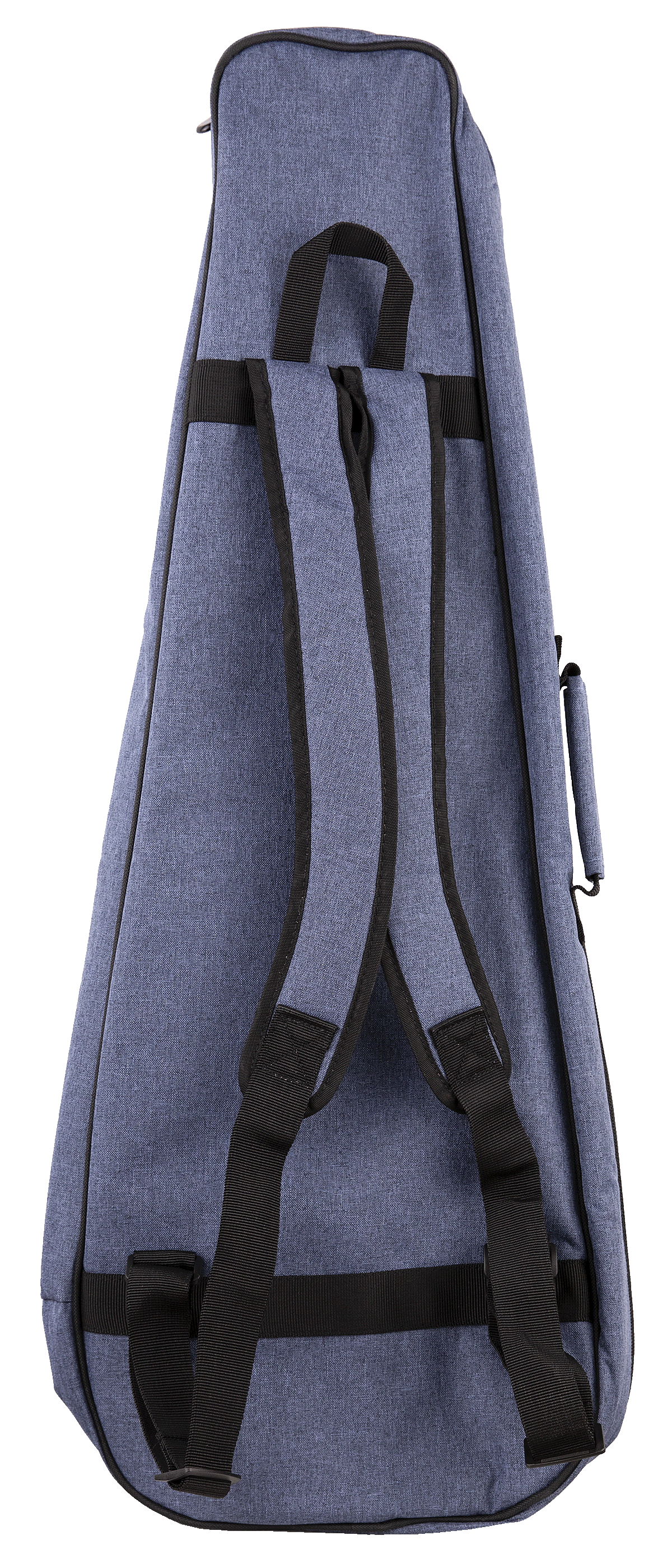 The image shows a blue-gray, denim-like fabric guitar gig bag with a triangular tapered shape to fit a guitar’s body and neck. It features black padded backpack straps, a top carry handle, black trim, and zipper closures. This soft, lightweight gig bag offers portable protection, ideal for musicians traveling on foot or by public transit.
