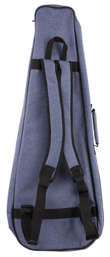 The image shows a blue-gray, denim-like fabric guitar gig bag with a triangular tapered shape to fit a guitar’s body and neck. It features black padded backpack straps, a top carry handle, black trim, and zipper closures. This soft, lightweight gig bag offers portable protection, ideal for musicians traveling on foot or by public transit.