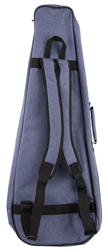 The image shows a blue-gray, denim-like fabric guitar gig bag with a triangular tapered shape to fit a guitar’s body and neck. It features black padded backpack straps, a top carry handle, black trim, and zipper closures. This soft, lightweight gig bag offers portable protection, ideal for musicians traveling on foot or by public transit.