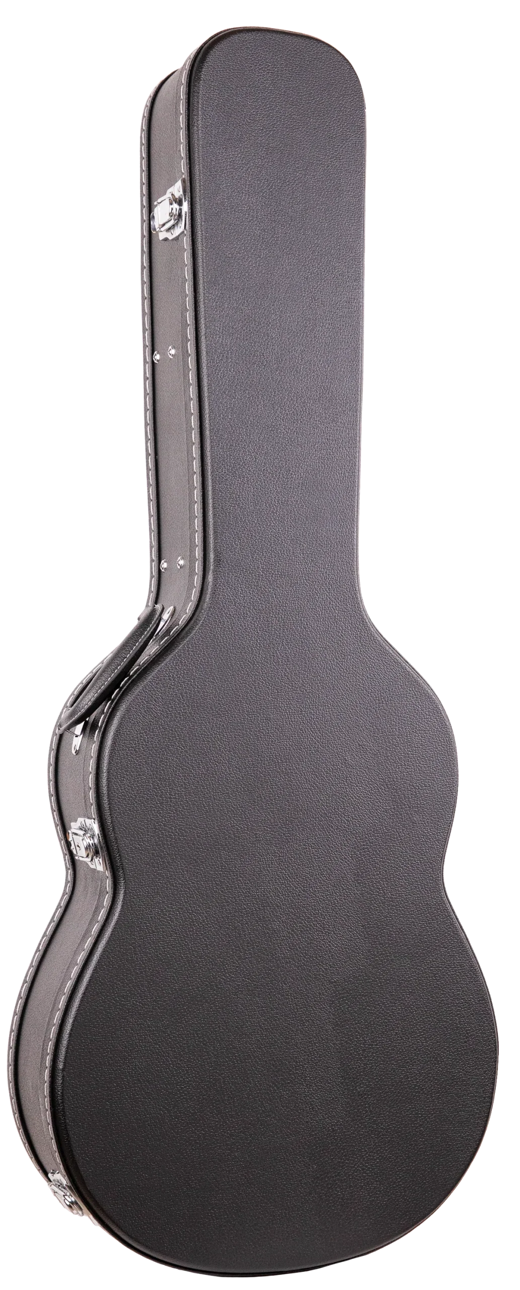 The image shows a dark brown or black textured guitar hard case with chrome metal hardware, including latches and corner protectors. Designed with a molded shell to fit acoustic or electric guitars, it offers rigid construction, secure latches, reinforced edges, and weather resistance. This protective case is essential for safe transport and storage, favored by musicians for its durability and professional appearance.