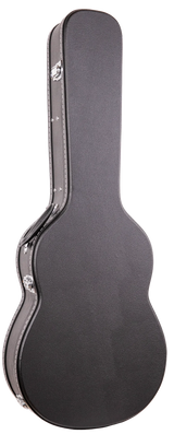 The image shows a dark brown or black textured guitar hard case with chrome metal hardware, including latches and corner protectors. Designed with a molded shell to fit acoustic or electric guitars, it offers rigid construction, secure latches, reinforced edges, and weather resistance. This protective case is essential for safe transport and storage, favored by musicians for its durability and professional appearance.