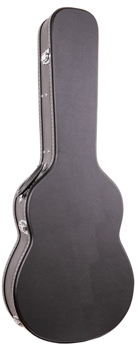 The image shows a dark brown or black textured guitar hard case with chrome metal hardware, including latches and corner protectors. Designed with a molded shell to fit acoustic or electric guitars, it offers rigid construction, secure latches, reinforced edges, and weather resistance. This protective case is essential for safe transport and storage, favored by musicians for its durability and professional appearance.
