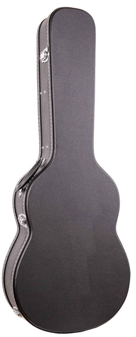 The image shows a dark brown or black textured guitar hard case with chrome metal hardware, including latches and corner protectors. Designed with a molded shell to fit acoustic or electric guitars, it offers rigid construction, secure latches, reinforced edges, and weather resistance. This protective case is essential for safe transport and storage, favored by musicians for its durability and professional appearance.