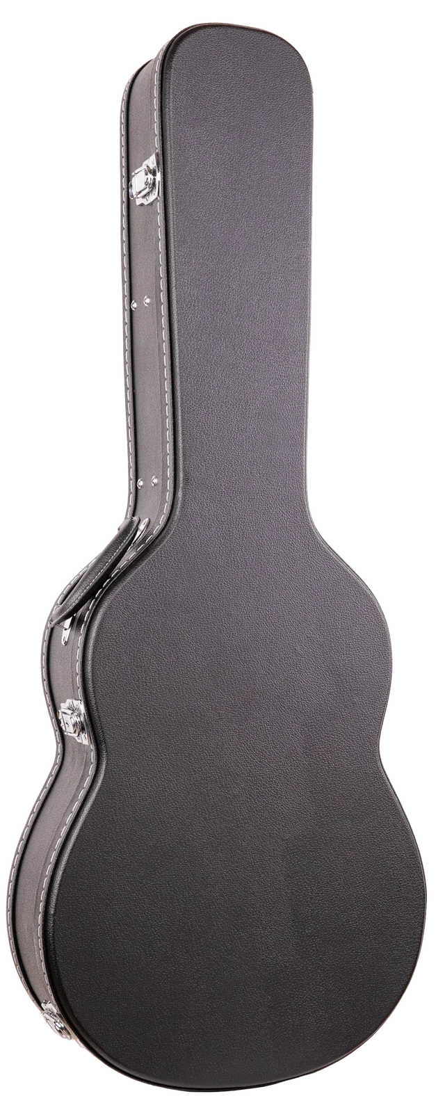 The image shows a dark brown or black textured guitar hard case with chrome metal hardware, including latches and corner protectors. Designed with a molded shell to fit acoustic or electric guitars, it offers rigid construction, secure latches, reinforced edges, and weather resistance. This protective case is essential for safe transport and storage, favored by musicians for its durability and professional appearance.