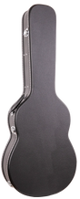 The image shows a dark brown or black textured guitar hard case with chrome metal hardware, including latches and corner protectors. Designed with a molded shell to fit acoustic or electric guitars, it offers rigid construction, secure latches, reinforced edges, and weather resistance. This protective case is essential for safe transport and storage, favored by musicians for its durability and professional appearance.