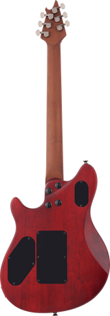 The image shows the back of a solid-body electric guitar with a red/burgundy quilted finish and a natural wood neck. It features a distinctive angled headstock with chrome tuning pegs in a 4+4 layout, black cavity covers, and chrome hardware. The design suggests a multi-scale, extended-range instrument, likely 7 or 8-string, built for modern styles like progressive rock or metal.