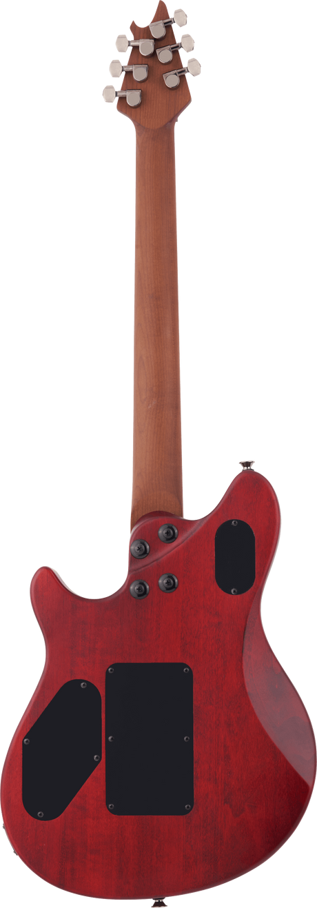 The image shows the back of a solid-body electric guitar with a red/burgundy quilted finish and a natural wood neck. It features a distinctive angled headstock with chrome tuning pegs in a 4+4 layout, black cavity covers, and chrome hardware. The design suggests a multi-scale, extended-range instrument, likely 7 or 8-string, built for modern styles like progressive rock or metal.