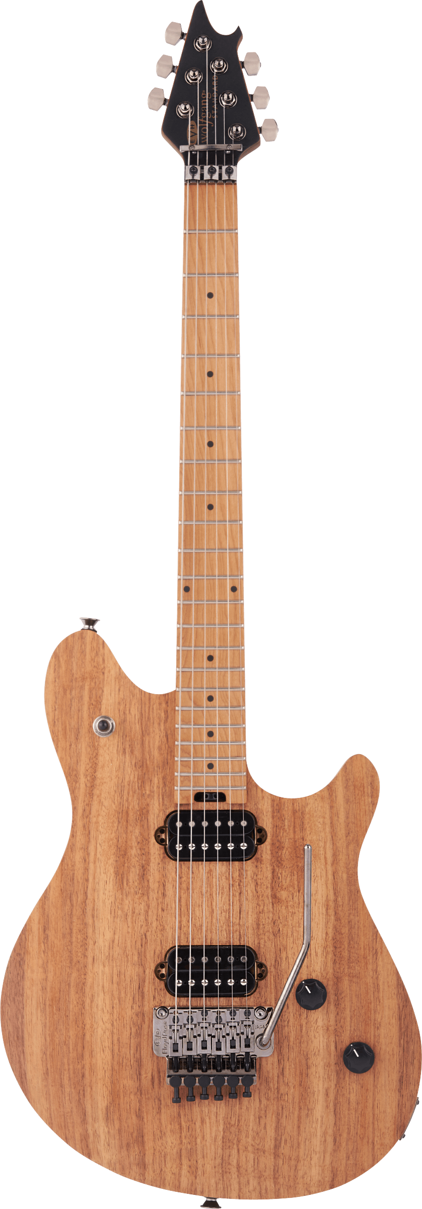 The image shows a solid body electric guitar with a natural light wood finish and contoured curves. It features two black humbucker pickups, a chrome locking tremolo bridge, two control knobs, and chrome tuning machines. The maple neck and fretboard have dot markers, and the black angular headstock holds six chrome tuners in a 3+3 layout. This versatile 6-string guitar suits various styles from clean to high-gain tones.