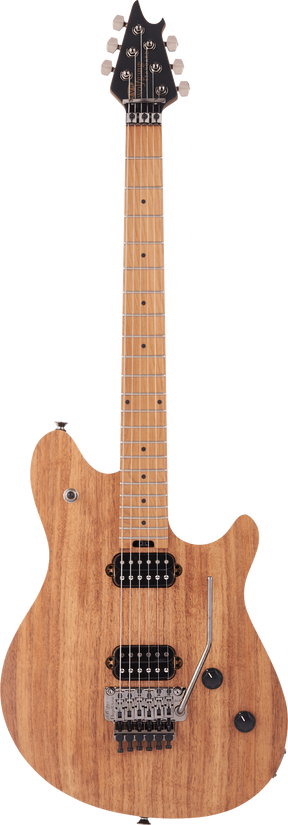 The image shows a solid body EVH Wolfgang WG Standard Exotic Koa electric guitar with a natural light wood finish and contoured curves. It features two black humbucker pickups, a chrome locking tremolo bridge, two control knobs, and chrome tuning machines. The maple neck and fretboard have dot markers, and the black angular headstock holds six chrome tuners in a 3+3 layout. This versatile 6-string guitar suits various styles from clean to high-gain tones.