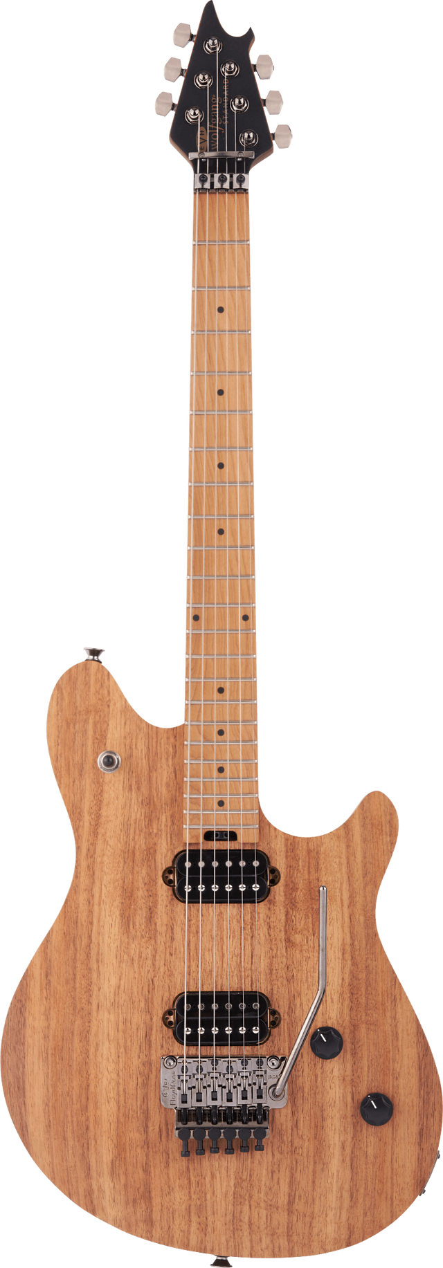 The image shows a solid body electric guitar with a natural light wood finish and contoured curves. It features two black humbucker pickups, a chrome locking tremolo bridge, two control knobs, and chrome tuning machines. The maple neck and fretboard have dot markers, and the black angular headstock holds six chrome tuners in a 3+3 layout. This versatile 6-string guitar suits various styles from clean to high-gain tones.