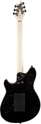 The image shows the back of an electric guitar featuring a light-colored maple headstock with six black tuning pegs in a 3+3 layout and a central logo. The maple neck contrasts with the sleek black, offset-style body. Visible hardware includes a neck plate with screws and a rectangular electronics cavity cover. The guitar has a clean, professional finish with quality components and a classic look.