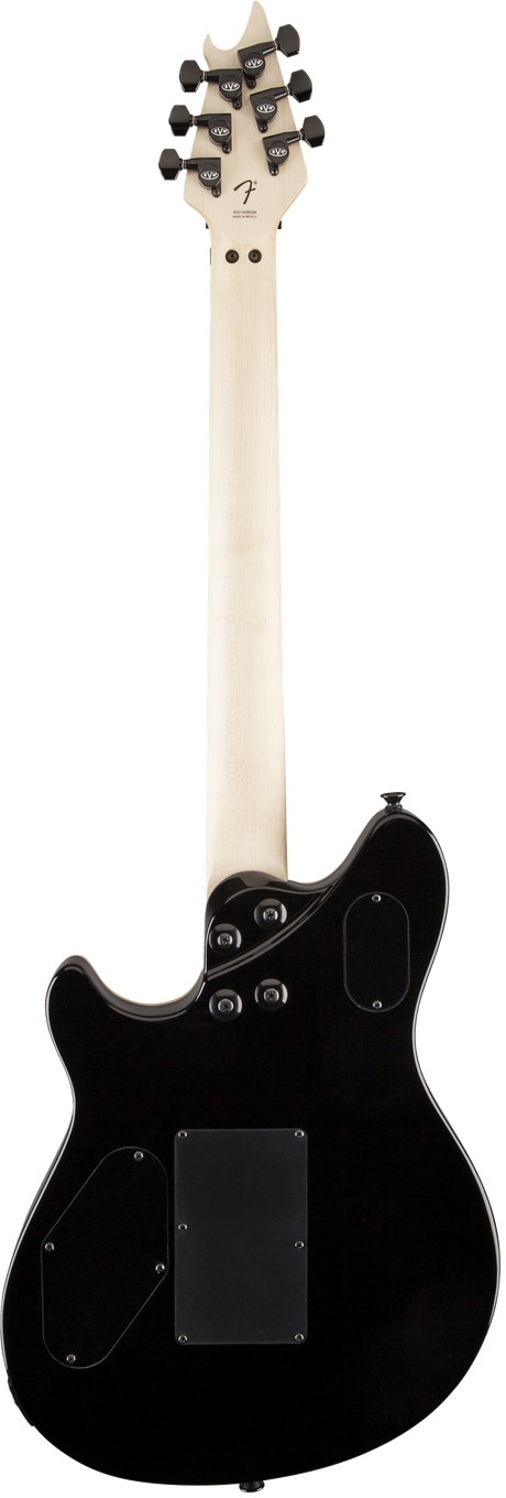 The image shows the back of an electric guitar featuring a light-colored maple headstock with six black tuning pegs in a 3+3 layout and a central logo. The maple neck contrasts with the sleek black, offset-style body. Visible hardware includes a neck plate with screws and a rectangular electronics cavity cover. The guitar has a clean, professional finish with quality components and a classic look.