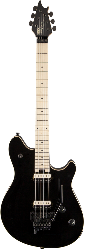 The image shows a black EVH Wolfgang® Special electric guitar. It features two humbucker pickups, a tremolo bridge, volume and tone controls, and black hardware. The light-colored maple neck has multiple dot fret markers and six tuning pegs on the headstock with visible branding. 