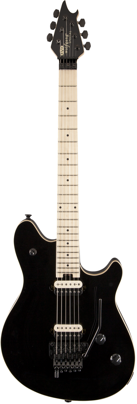 The image shows a modern solid-body electric guitar with a black finish and elegant binding. It features two humbucker pickups, a tremolo bridge, volume and tone controls, and black hardware. The light-colored maple neck has multiple dot fret markers and six tuning pegs on the headstock with visible branding. The guitar’s sleek, contoured design suggests it is a versatile, intermediate to professional instrument suitable for various styles.