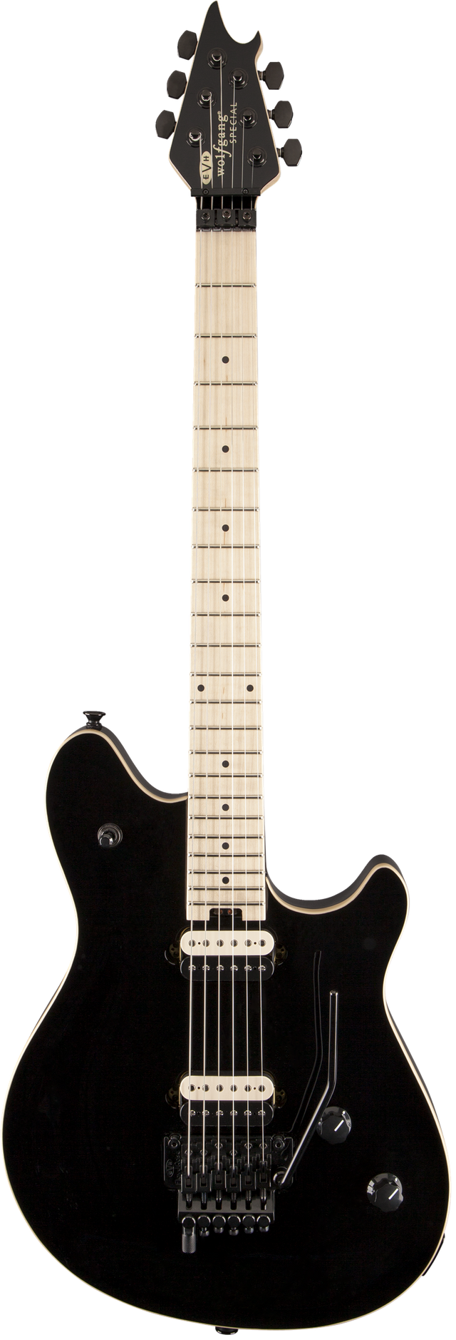 The image shows a modern solid-body electric guitar with a black finish and elegant binding. It features two humbucker pickups, a tremolo bridge, volume and tone controls, and black hardware. The light-colored maple neck has multiple dot fret markers and six tuning pegs on the headstock with visible branding. The guitar’s sleek, contoured design suggests it is a versatile, intermediate to professional instrument suitable for various styles.