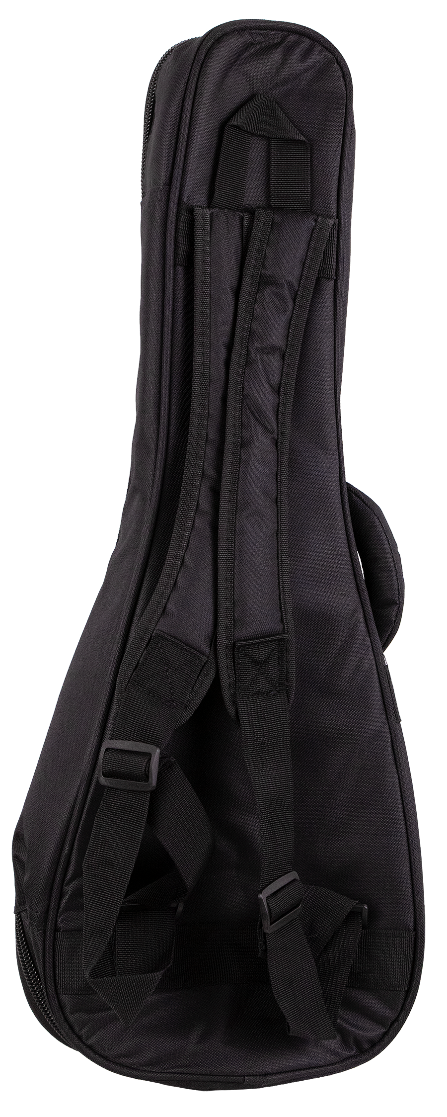 The image shows a black electric guitar gig bag made of durable fabric with padded protection. It has a full-length zipper, dual backpack-style shoulder straps, and a top handle. The bag features the typical electric guitar shape and offers a lightweight, portable, and convenient way for musicians to carry and protect their instruments.