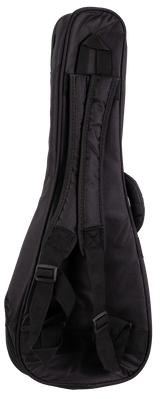 The image shows a black electric guitar gig bag made of durable fabric with padded protection. It has a full-length zipper, dual backpack-style shoulder straps, and a top handle. The bag features the typical electric guitar shape and offers a lightweight, portable, and convenient way for musicians to carry and protect their instruments.