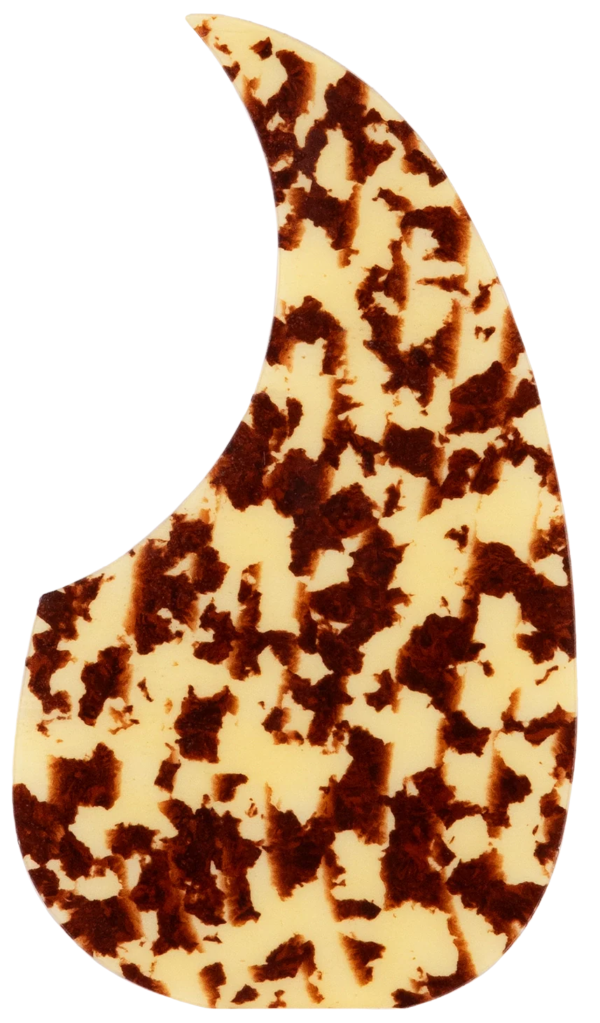 The image shows a guitar pickguard with a classic teardrop shape and a tortoiseshell pattern. It features a cream base with brown and amber mottling, giving a vintage look. This pickguard protects the guitar top from scratches while adding traditional visual appeal, commonly used on acoustic guitars like dreadnoughts. Modern tortoiseshell styles mimic the original material but are usually made from synthetic materials.