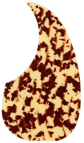 The image shows a guitar pickguard with a classic teardrop shape and a tortoiseshell pattern. It features a cream base with brown and amber mottling, giving a vintage look. This pickguard protects the guitar top from scratches while adding traditional visual appeal, commonly used on acoustic guitars like dreadnoughts. Modern tortoiseshell styles mimic the original material but are usually made from synthetic materials.