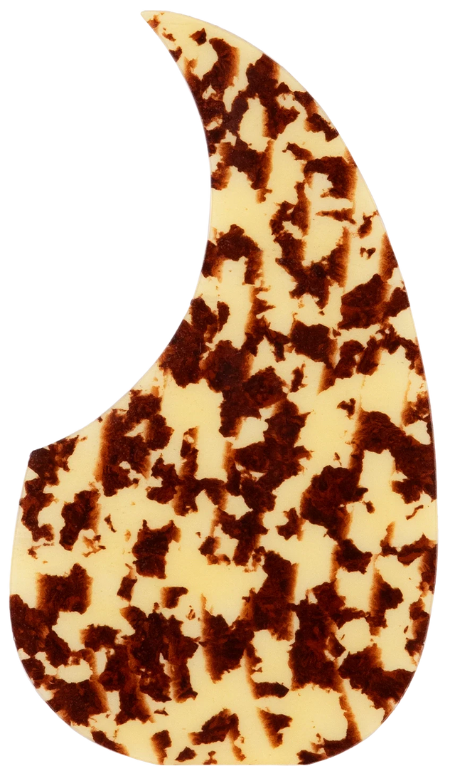 The image shows a guitar pickguard with a classic teardrop shape and a tortoiseshell pattern. It features a cream base with brown and amber mottling, giving a vintage look. This pickguard protects the guitar top from scratches while adding traditional visual appeal, commonly used on acoustic guitars like dreadnoughts. Modern tortoiseshell styles mimic the original material but are usually made from synthetic materials.