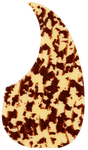 The image shows a guitar pickguard with a classic teardrop shape and a tortoiseshell pattern. It features a cream base with brown and amber mottling, giving a vintage look. This pickguard protects the guitar top from scratches while adding traditional visual appeal, commonly used on acoustic guitars like dreadnoughts. Modern tortoiseshell styles mimic the original material but are usually made from synthetic materials.